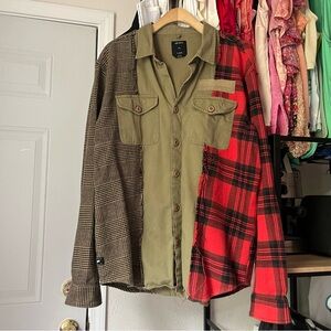 10. DEEP olive army green patchwork mixed media plaid flannel utility‎ shacket